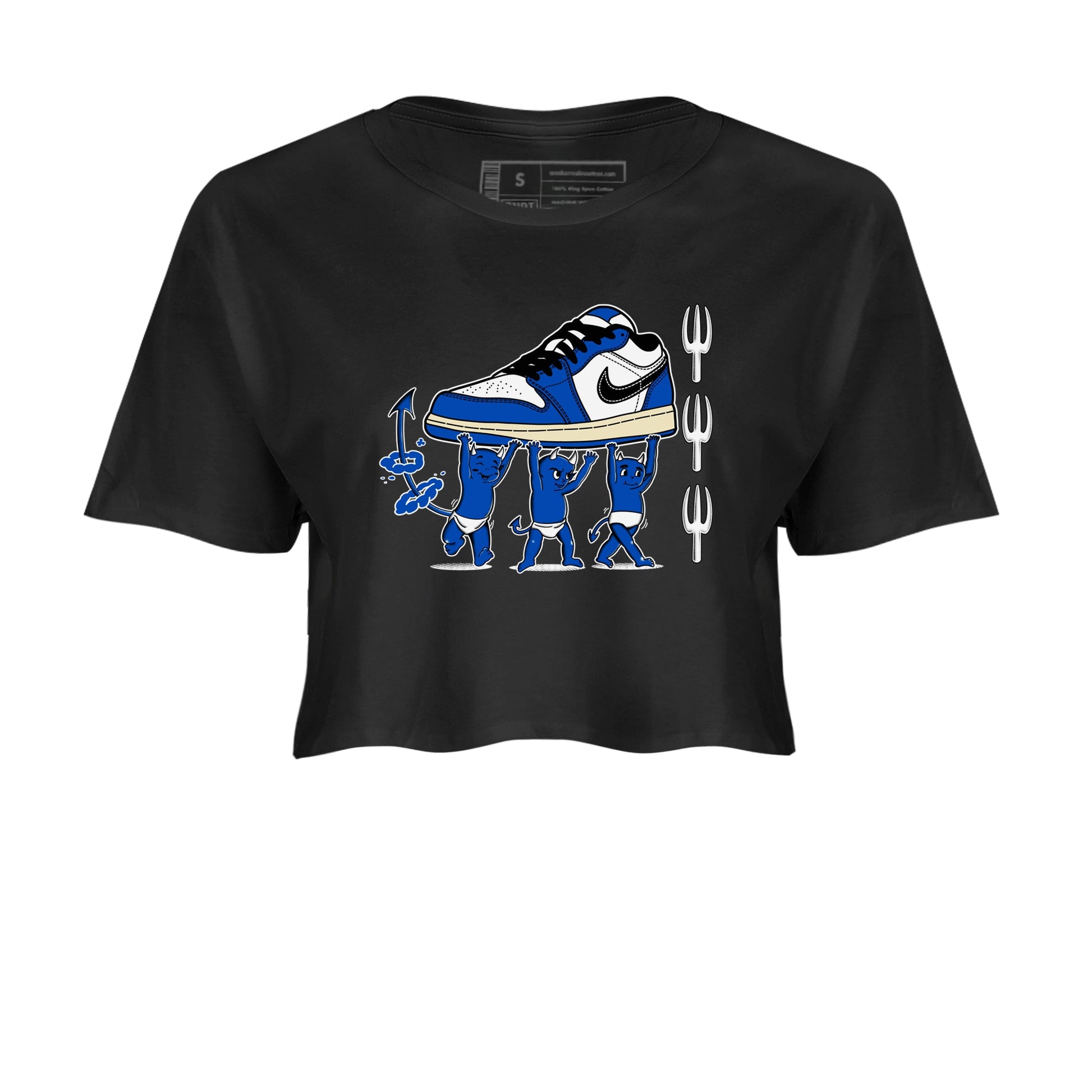 1s Game Royal shirts to match jordans Devil Babies sneaker match tees Air Jordan 1 Retro Low OG Game Royal match shoes to clothes SNRT Sneaker Tees unisex cotton Black 2 crop tee