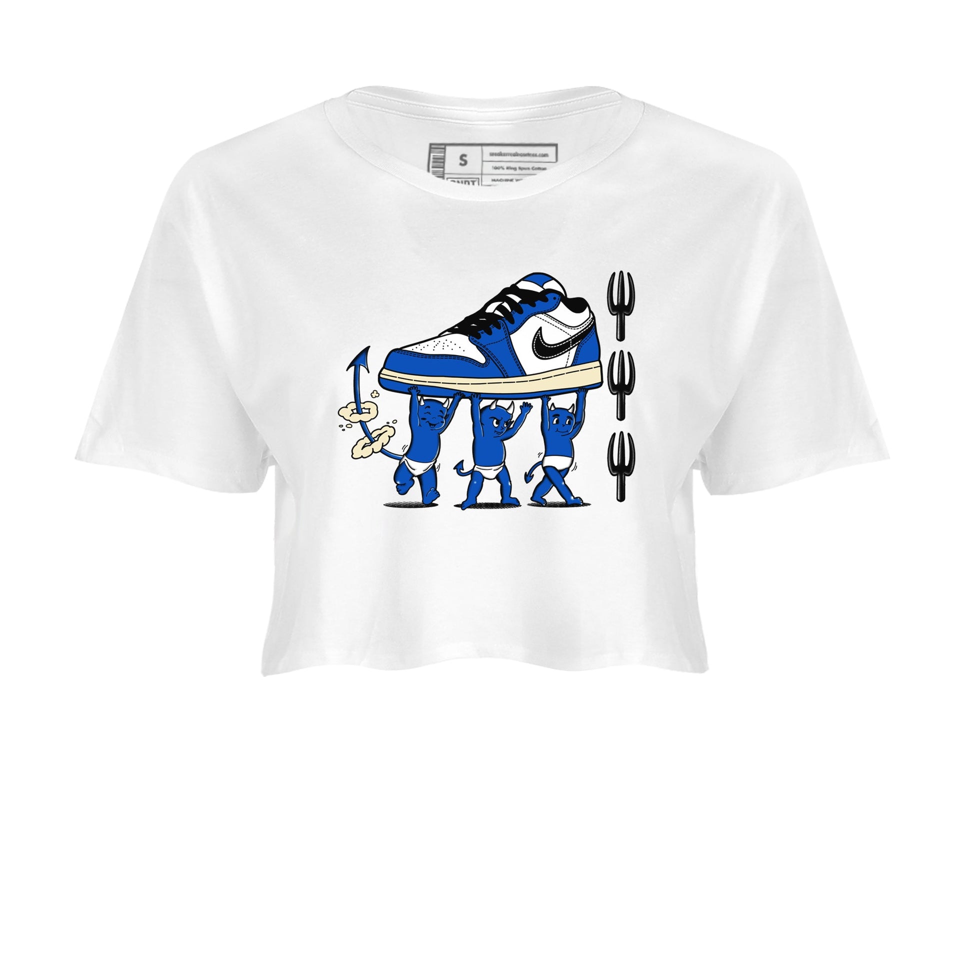 1s Game Royal shirts to match jordans Devil Babies sneaker match tees Air Jordan 1 Retro Low OG Game Royal match shoes to clothes SNRT Sneaker Tees unisex cotton White 2 crop tee