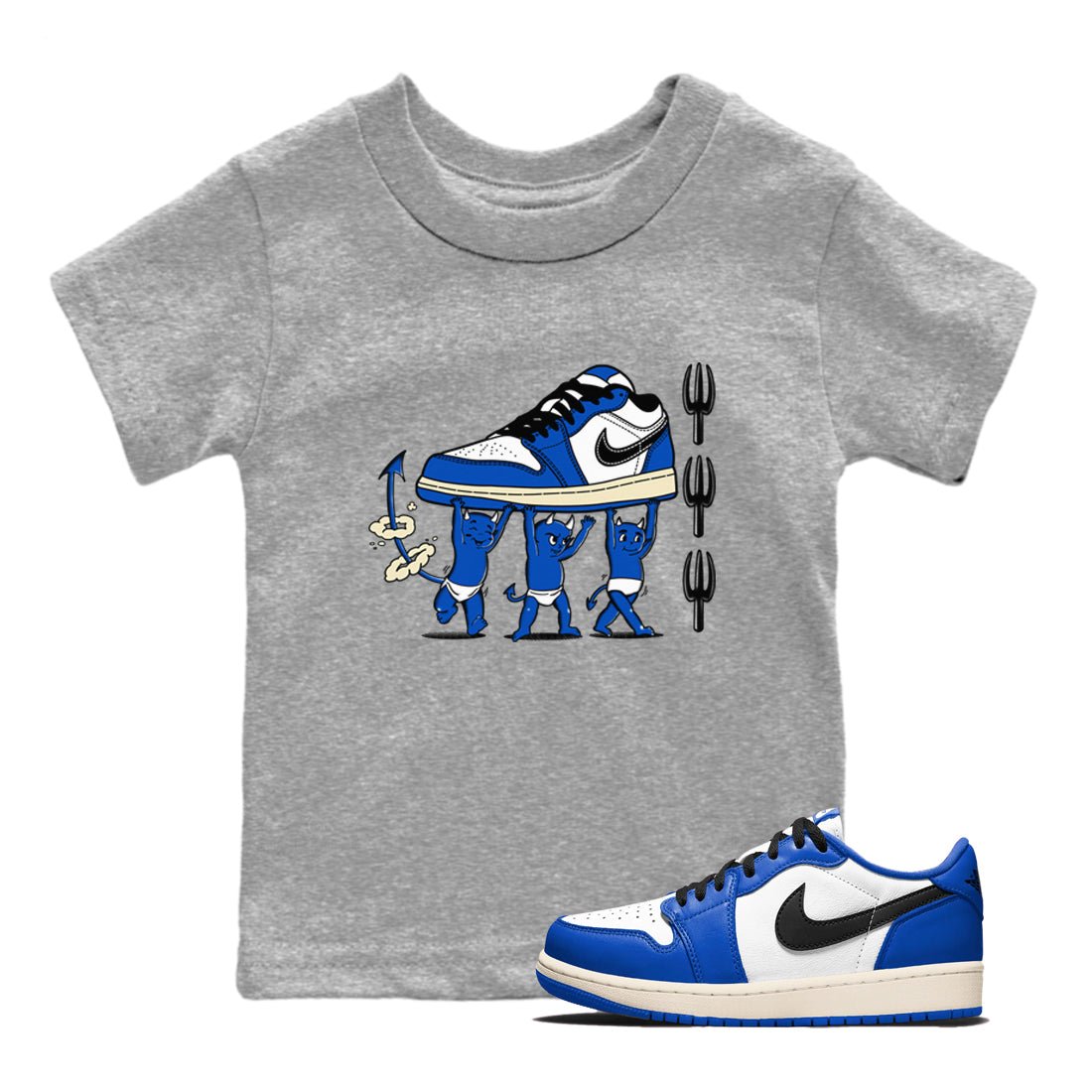 1s Game Royal shirts to match jordans Devil Babies sneaker match tees Air Jordan 1 Retro Low OG Game Royal match shoes to clothes SNRT Sneaker Tees Youth Baby Heather Grey 1 tee