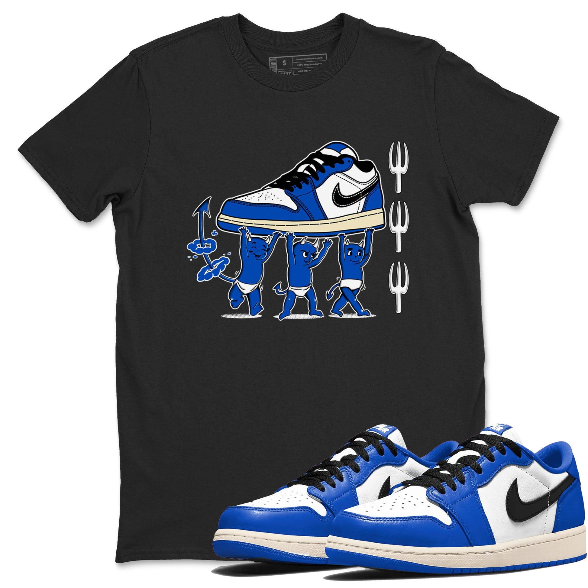 1s Game Royal shirts to match jordans Devil Babies sneaker match tees Air Jordan 1 Retro Low OG Game Royal match shoes to clothes SNRT Sneaker Tees unisex cotton Black 1 shirts
