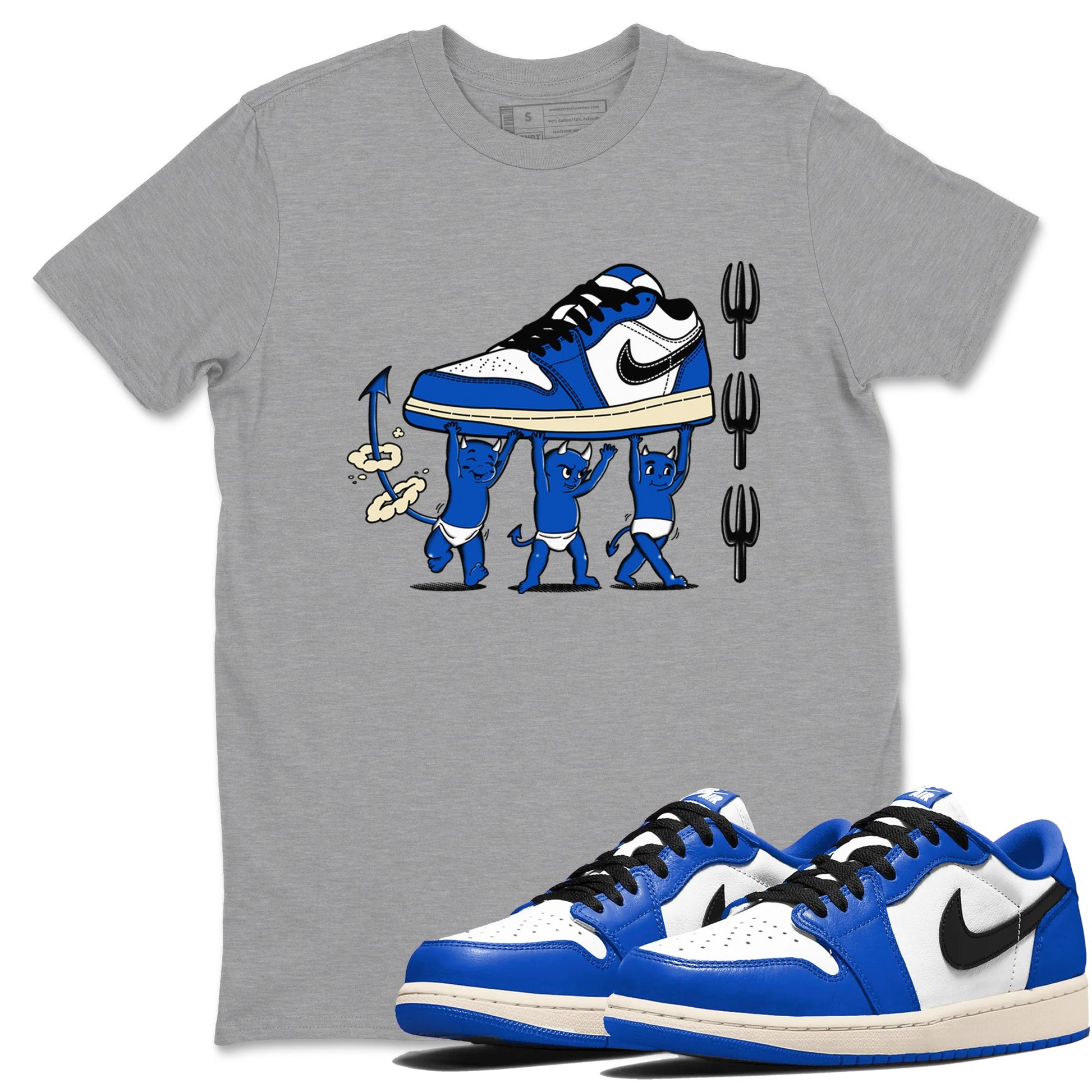 1s Game Royal shirts to match jordans Devil Babies sneaker match tees Air Jordan 1 Retro Low OG Game Royal match shoes to clothes SNRT Sneaker Tees unisex cotton Heather Grey 1 shirts