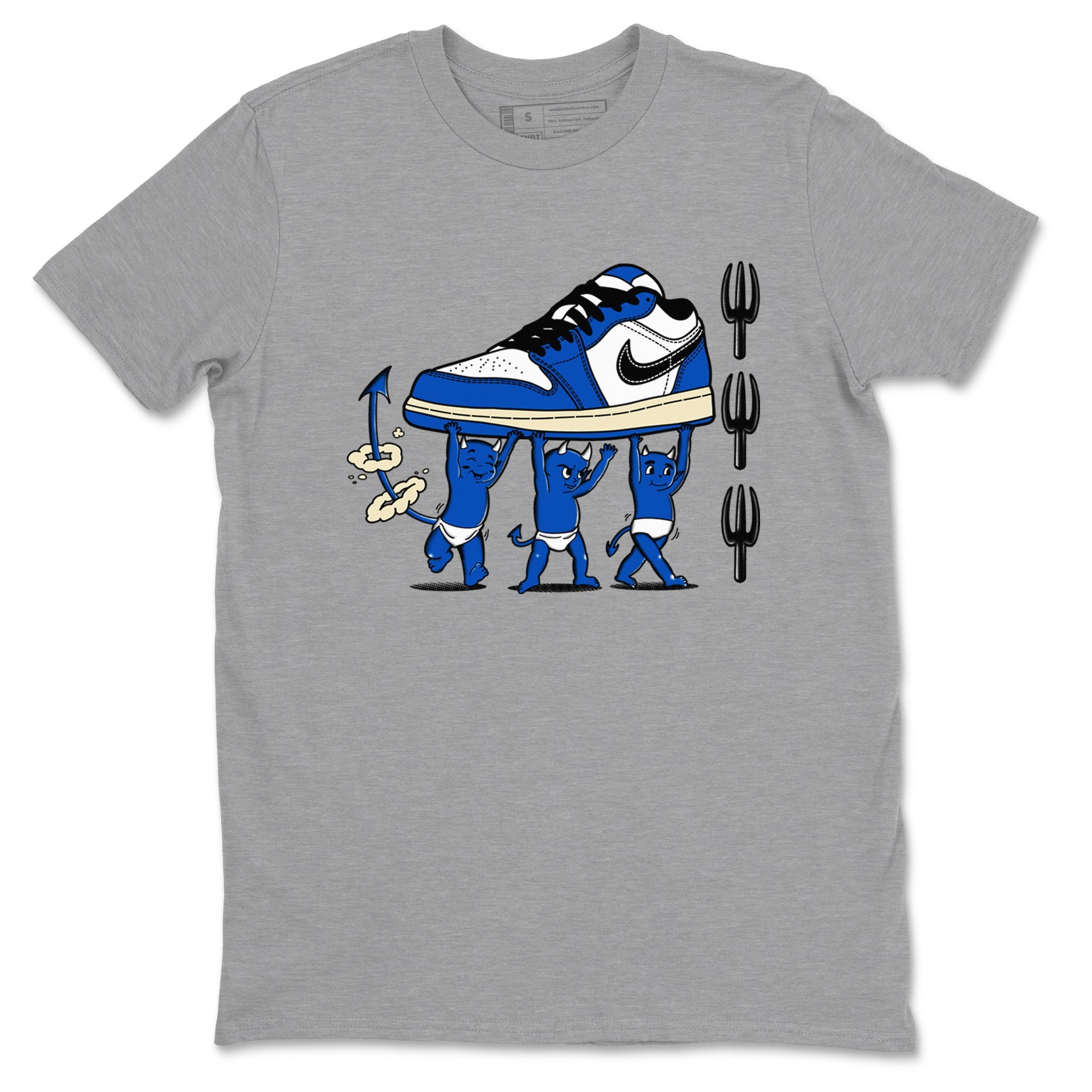 1s Game Royal shirts to match jordans Devil Babies sneaker match tees Air Jordan 1 Retro Low OG Game Royal match shoes to clothes SNRT Sneaker Tees unisex cotton Heather Grey 2 shirts