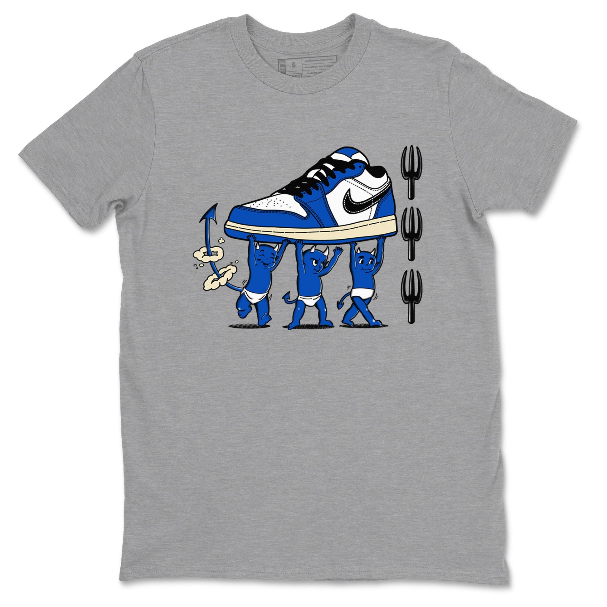 1s Game Royal shirts to match jordans Devil Babies sneaker match tees Air Jordan 1 Retro Low OG Game Royal match shoes to clothes SNRT Sneaker Tees unisex cotton Heather Grey 2 shirts