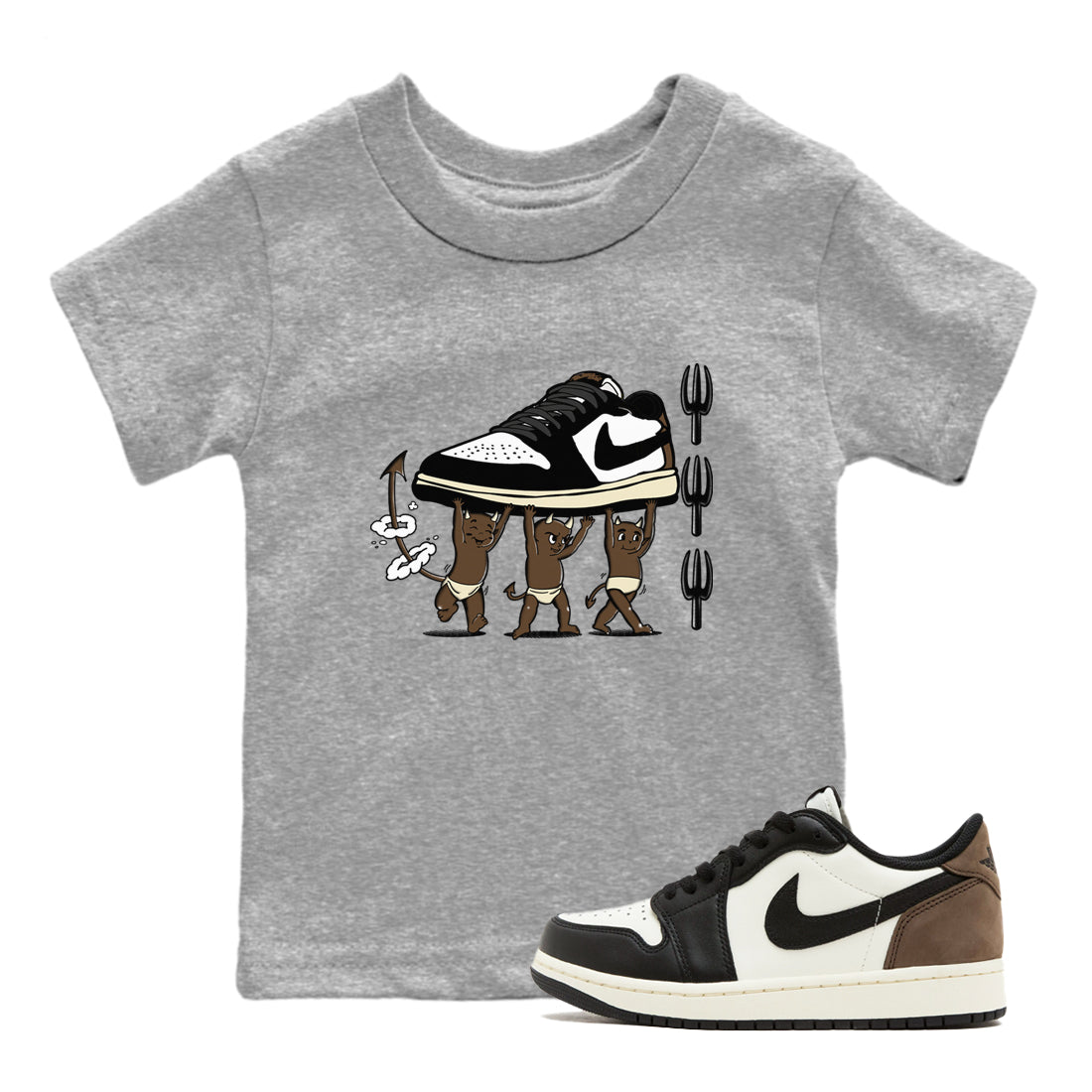 1s Mocha shirts to match jordans Devil Babies sneaker match tees Air Jordan 1 Mocha SNRT Sneaker Release Tees Youth Baby Heather Grey 1 crew neck shirts