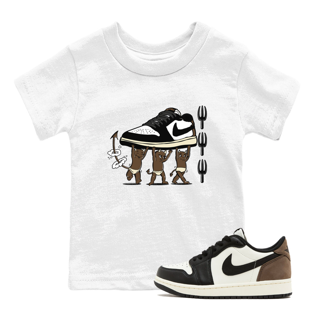 1s Mocha shirts to match jordans Devil Babies sneaker match tees Air Jordan 1 Mocha SNRT Sneaker Release Tees Youth Baby White 1 crew neck shirts