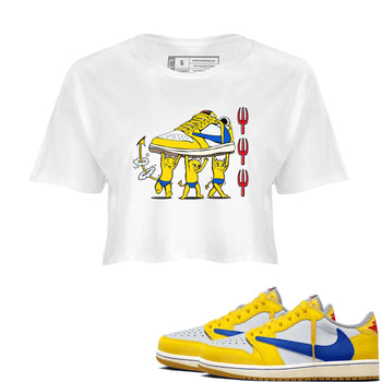 1s Travis Scott Canary shirts to match jordans Devil Babies sneaker match tees Air Jordan 1 Travis Scott Canary SNRT Sneaker Release Tees unisex cotton White 1 Crop Shirts