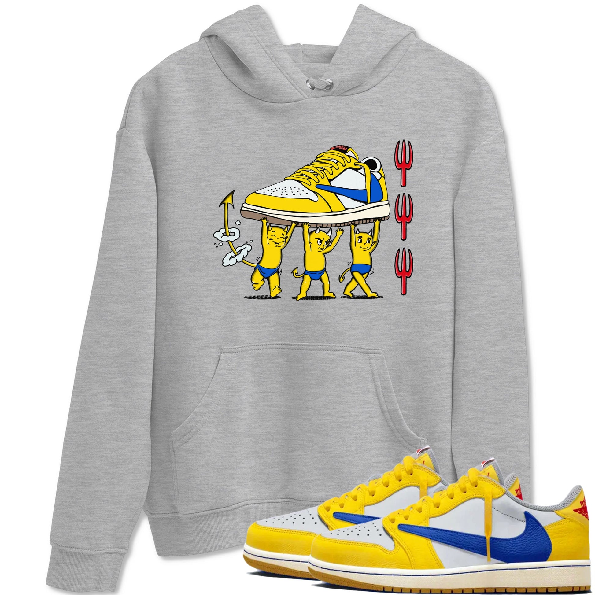 1s Travis Scott Canary shirts to match jordans Devil Babies sneaker match tees Air Jordan 1 Travis Scott Canary SNRT Sneaker Release Tees unisex cotton Heather Grey 1 crew neck shirts