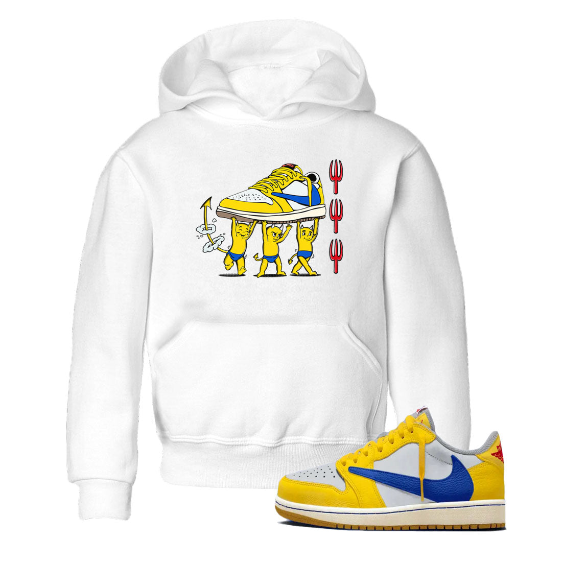 1s Travis Scott Canary shirts to match jordans Devil Babies sneaker match tees Air Jordan 1 Travis Scott Canary SNRT Sneaker Release Tees Youth Baby White 1 crew neck shirts