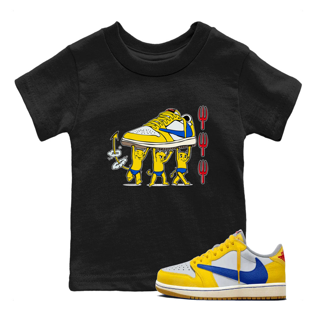 1s Travis Scott Canary shirts to match jordans Devil Babies sneaker match tees Air Jordan 1 Travis Scott Canary SNRT Sneaker Release Tees Youth Baby Black 1 crew neck shirts