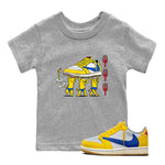 1s Travis Scott Canary shirts to match jordans Devil Babies sneaker match tees Air Jordan 1 Travis Scott Canary SNRT Sneaker Release Tees Youth Baby Heather Grey 1 crew neck shirts