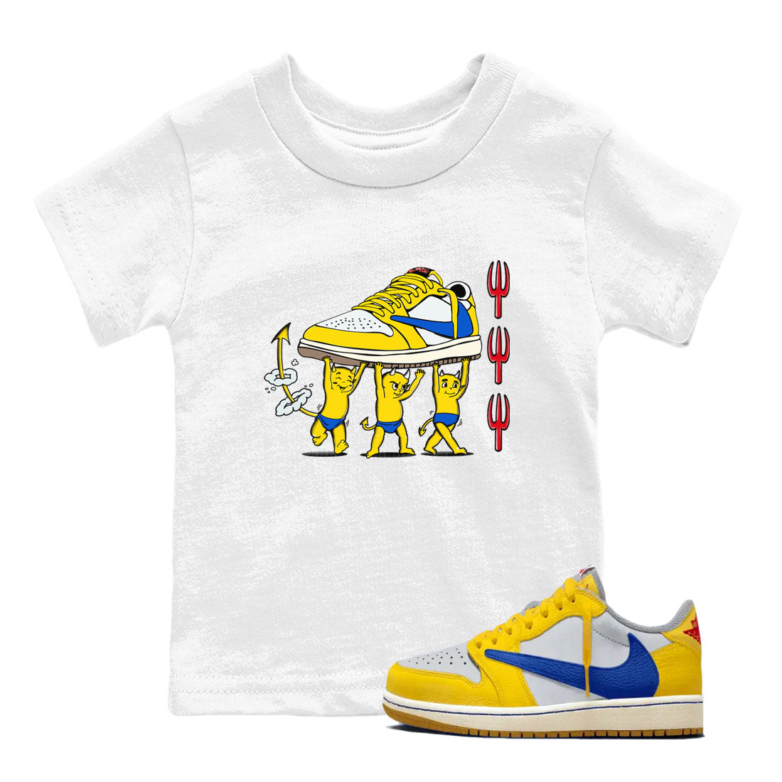 1s Travis Scott Canary shirts to match jordans Devil Babies sneaker match tees Air Jordan 1 Travis Scott Canary SNRT Sneaker Release Tees Youth Baby White 1 crew neck shirts