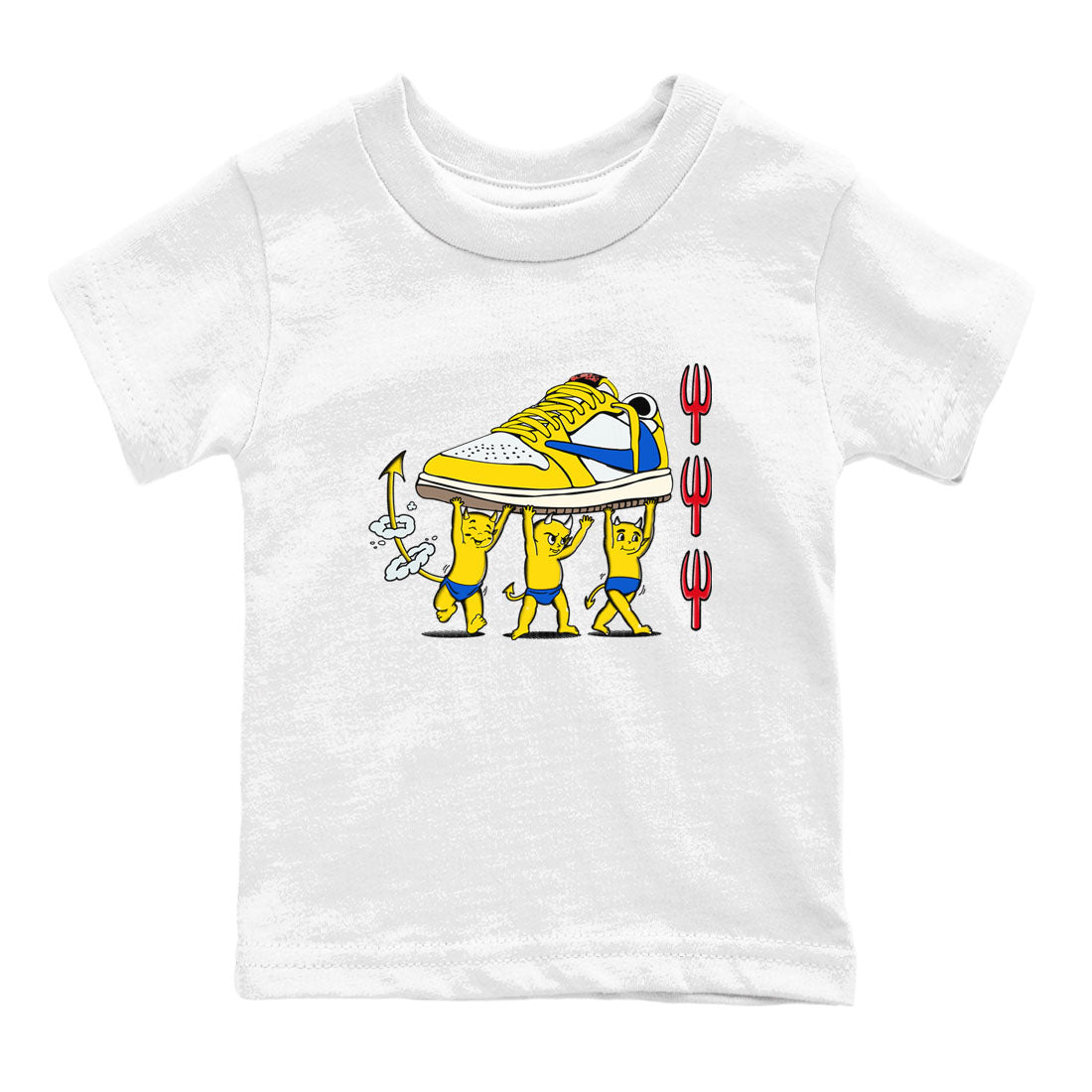 1s Travis Scott Canary shirts to match jordans Devil Babies sneaker match tees Air Jordan 1 Travis Scott Canary SNRT Sneaker Release Tees Youth Baby White 2 crew neck shirts