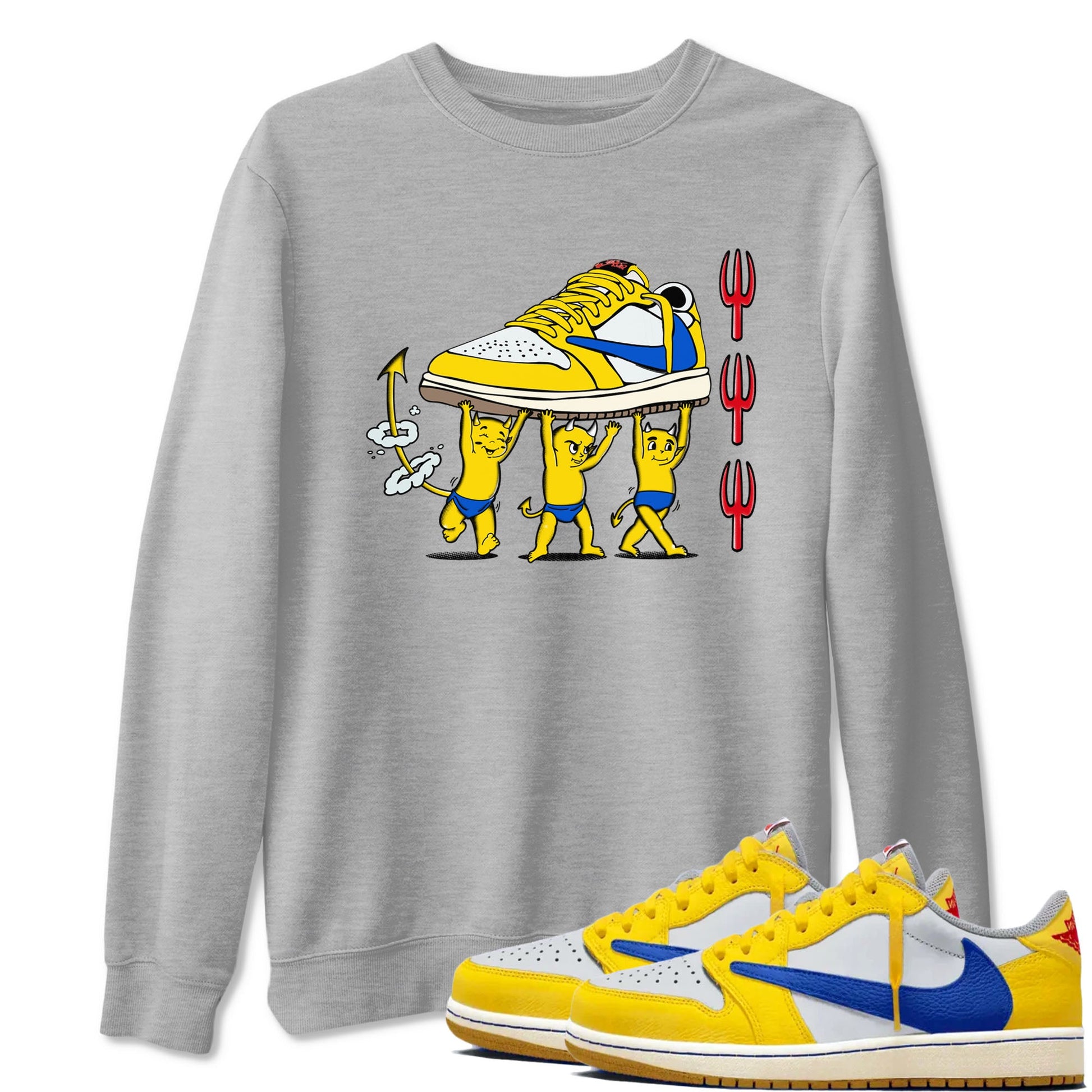 1s Travis Scott Canary shirts to match jordans Devil Babies sneaker match tees Air Jordan 1 Travis Scott Canary SNRT Sneaker Release Tees unisex cotton Heather Grey 1 crew neck shirts