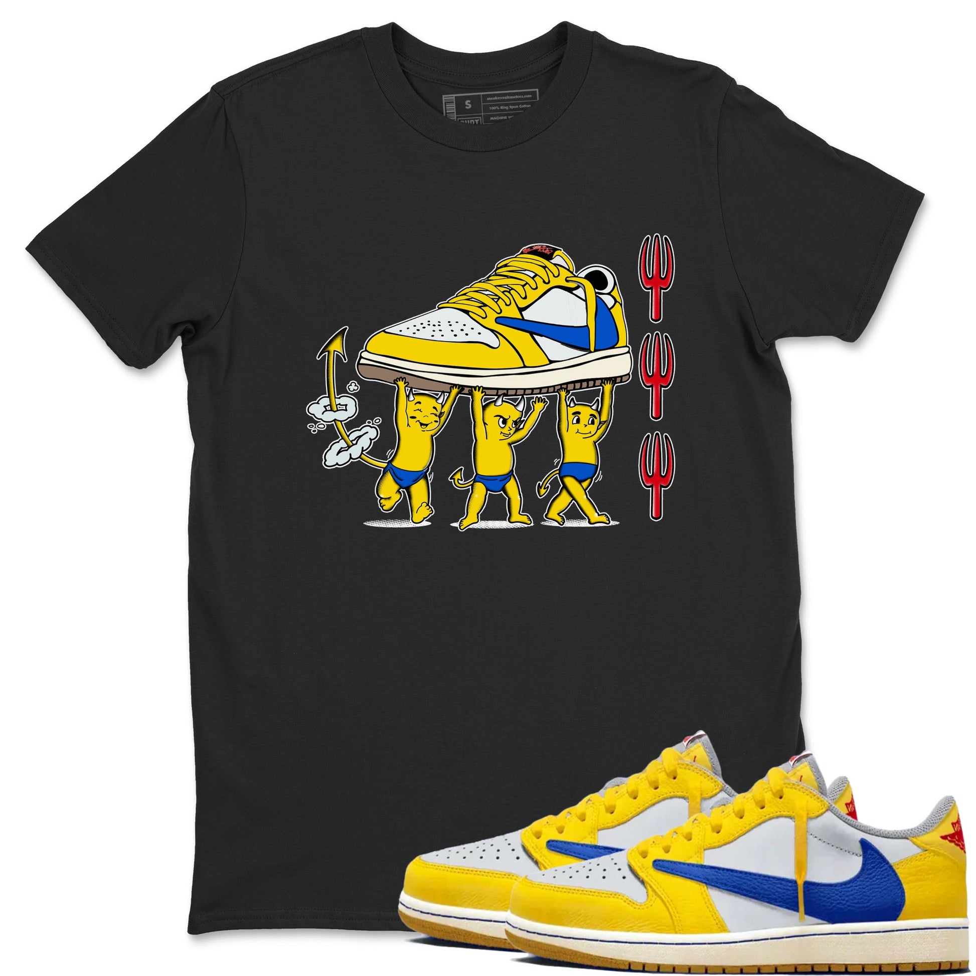 1s Travis Scott Canary shirts to match jordans Devil Babies sneaker match tees Air Jordan 1 Travis Scott Canary SNRT Sneaker Release Tees unisex cotton Black 1 crew neck shirts