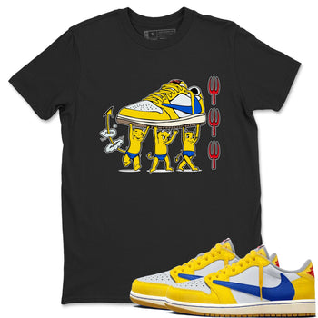 1s Travis Scott Canary shirts to match jordans Devil Babies sneaker match tees Air Jordan 1 Travis Scott Canary SNRT Sneaker Release Tees unisex cotton Black 1 crew neck shirts