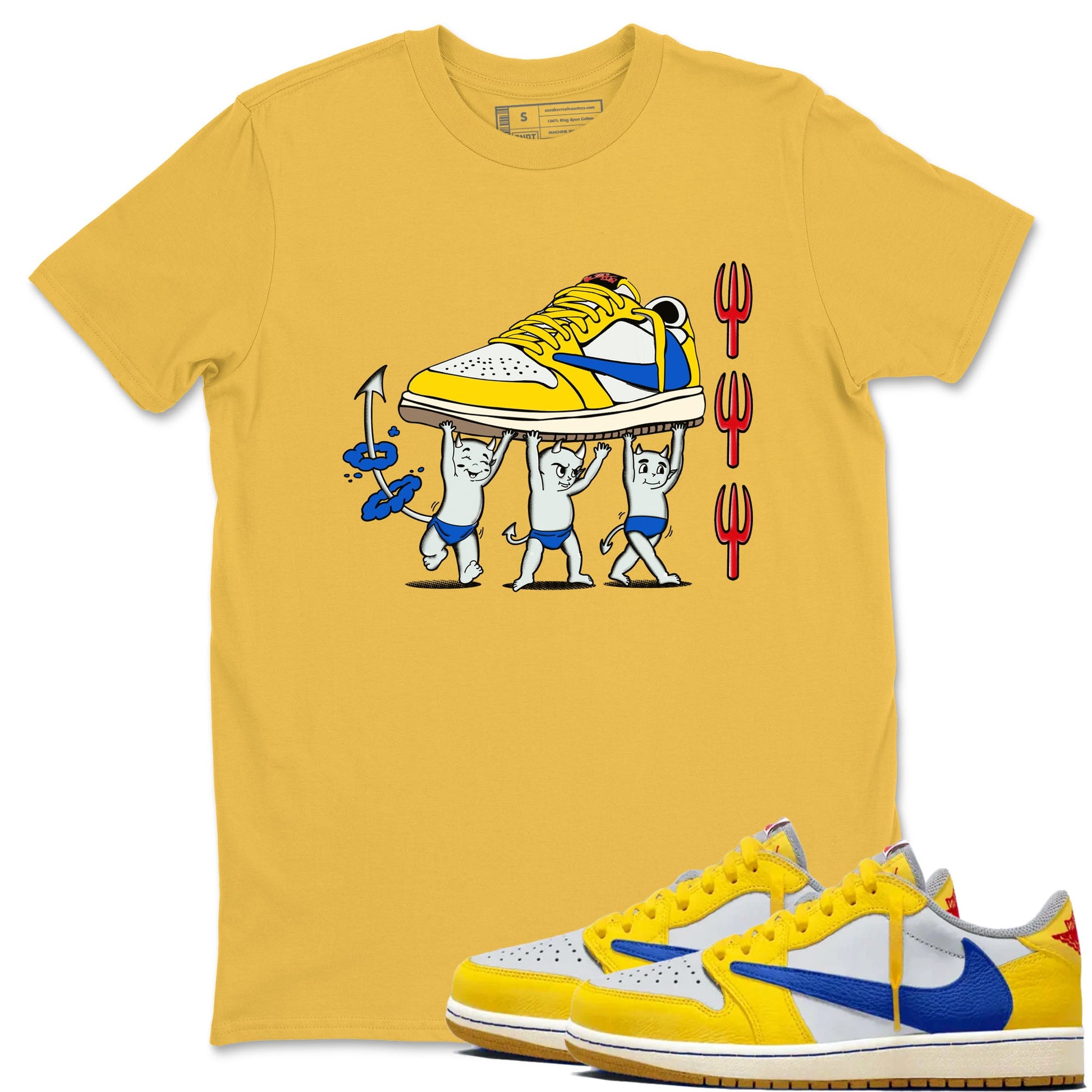 1s Travis Scott Canary shirts to match jordans Devil Babies sneaker match tees Air Jordan 1 Travis Scott Canary SNRT Sneaker Release Tees unisex cotton Daisy 1 crew neck shirts