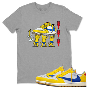 1s Travis Scott Canary shirts to match jordans Devil Babies sneaker match tees Air Jordan 1 Travis Scott Canary SNRT Sneaker Release Tees unisex cotton Heather Grey 1 crew neck shirts