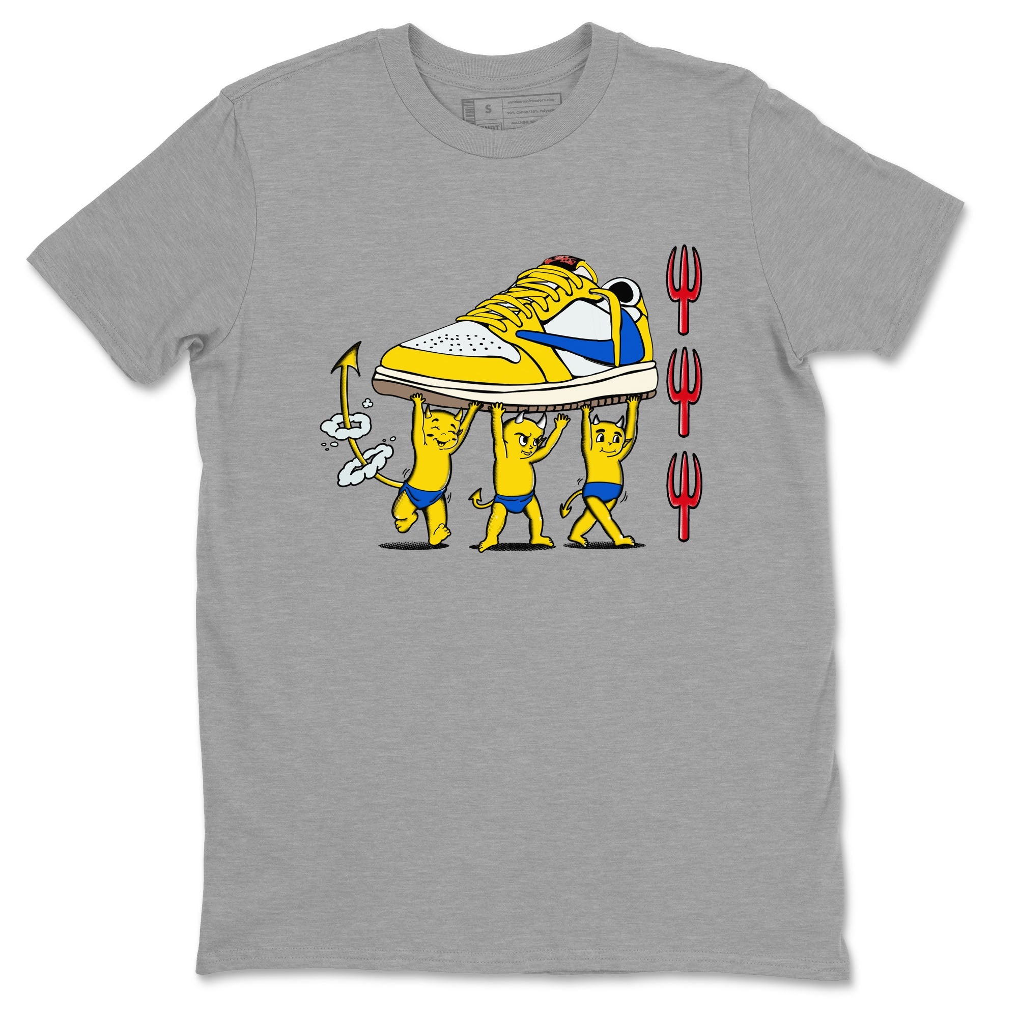 1s Travis Scott Canary shirts to match jordans Devil Babies sneaker match tees Air Jordan 1 Travis Scott Canary SNRT Sneaker Release Tees unisex cotton Heather Grey 2 crew neck shirts