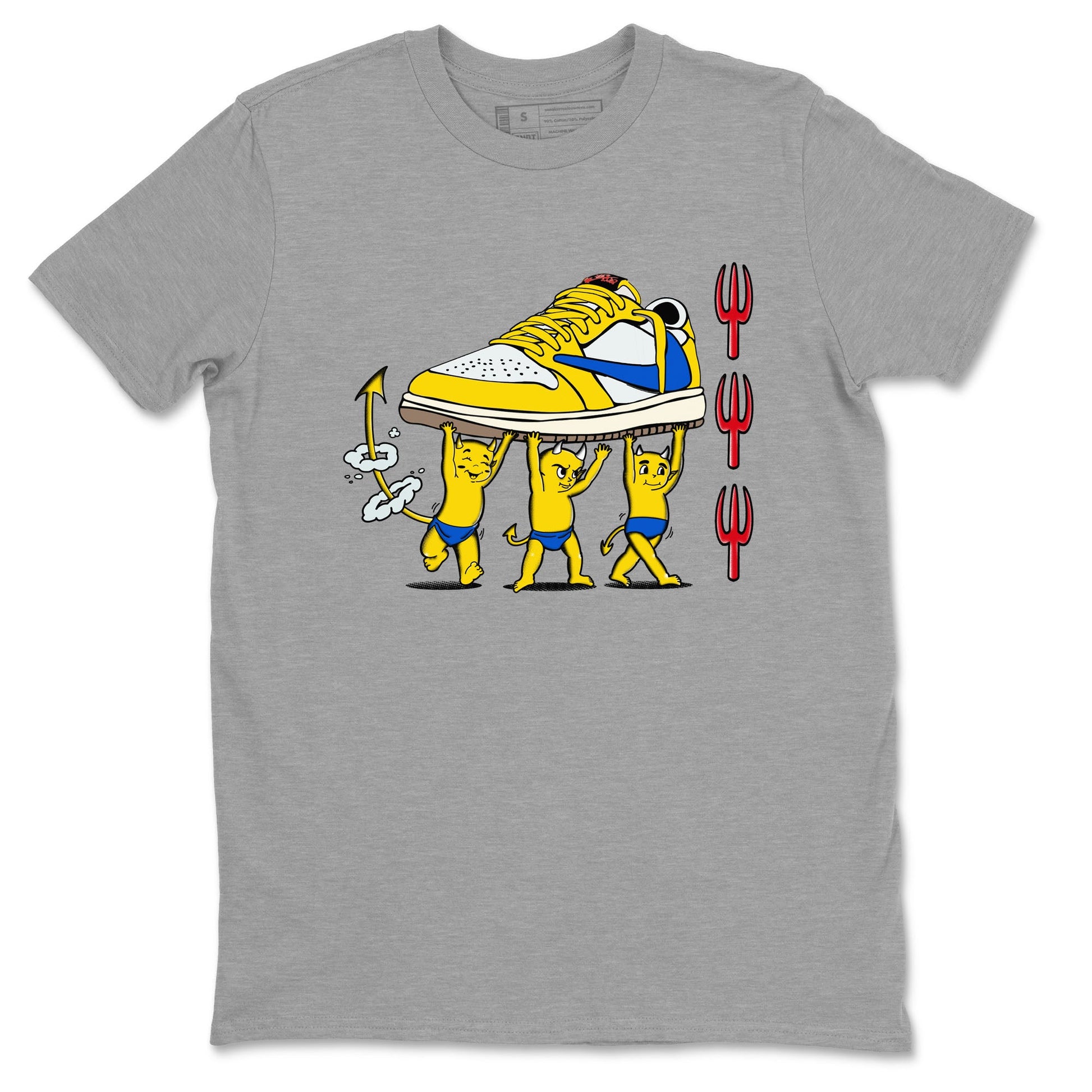 1s Travis Scott Canary shirts to match jordans Devil Babies sneaker match tees Air Jordan 1 Travis Scott Canary SNRT Sneaker Release Tees unisex cotton Heather Grey 2 crew neck shirts
