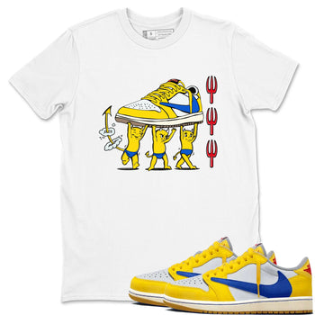 1s Travis Scott Canary shirts to match jordans Devil Babies sneaker match tees Air Jordan 1 Travis Scott Canary SNRT Sneaker Release Tees unisex cotton White 1 crew neck shirts