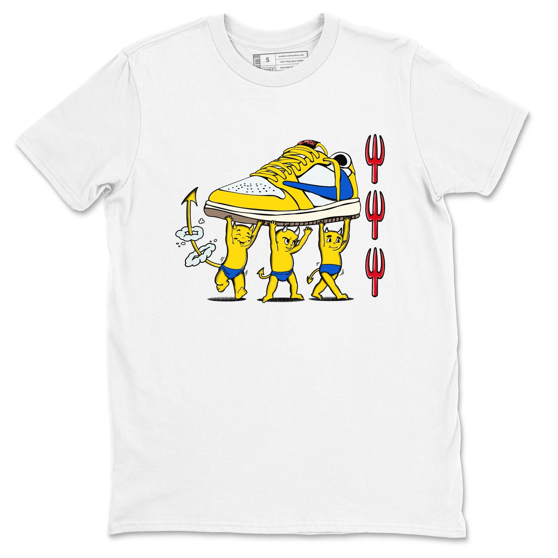 1s Travis Scott Canary shirts to match jordans Devil Babies sneaker match tees Air Jordan 1 Travis Scott Canary SNRT Sneaker Release Tees unisex cotton White 2 crew neck shirts