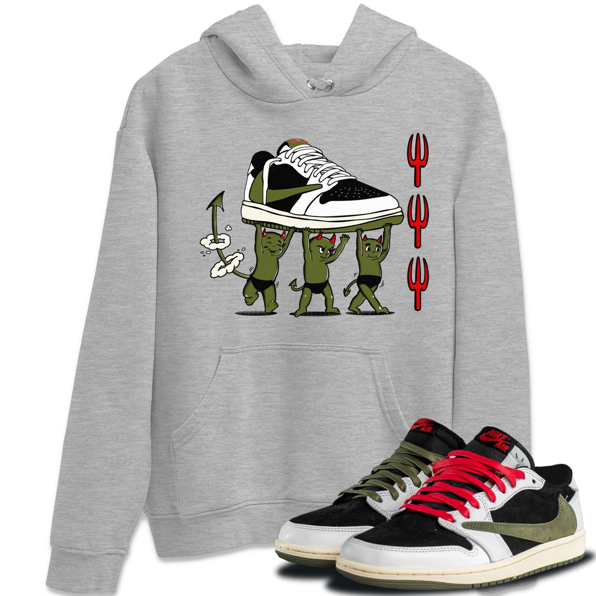 1s Travis Scott Olive shirts to match jordans Devil Babies sneaker match tees Air Jordan 1 Travis Scott Olive SNRT Sneaker Release Tees unisex cotton Heather Grey 1 crew neck shirts