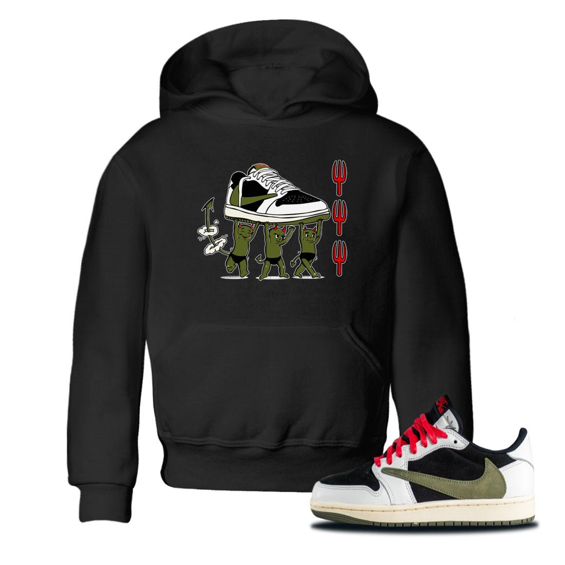 1s Travis Scott Olive shirts to match jordans Devil Babies sneaker match tees Air Jordan 1 Travis Scott Olive SNRT Sneaker Release Tees Youth Baby Black 1 crew neck shirts