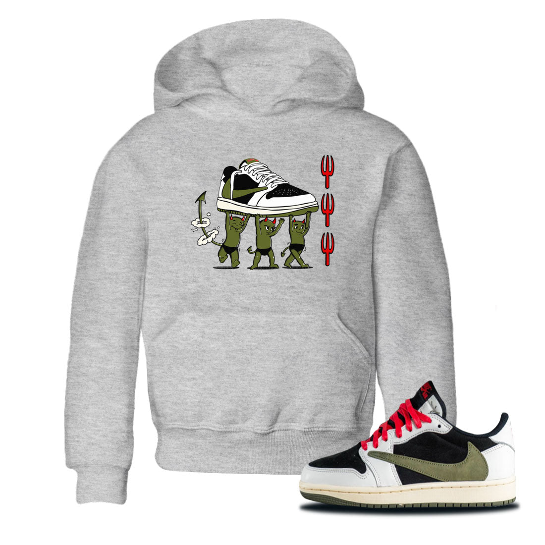 1s Travis Scott Olive shirts to match jordans Devil Babies sneaker match tees Air Jordan 1 Travis Scott Olive SNRT Sneaker Release Tees Youth Baby Heather Grey 1 crew neck shirts