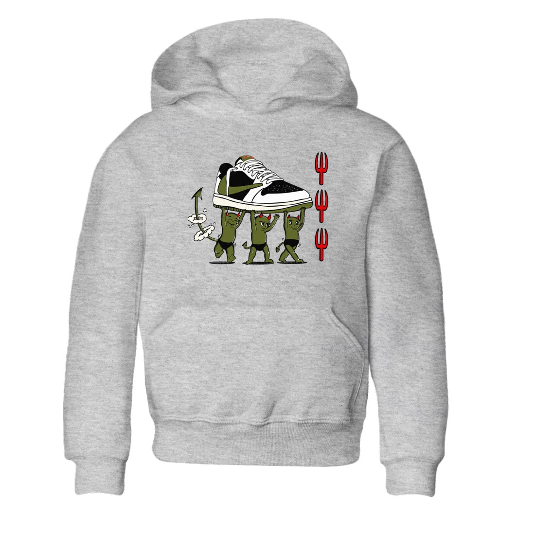 1s Travis Scott Olive shirts to match jordans Devil Babies sneaker match tees Air Jordan 1 Travis Scott Olive SNRT Sneaker Release Tees Youth Baby Heather Grey 2 crew neck shirts
