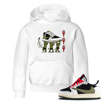 1s Travis Scott Olive shirts to match jordans Devil Babies sneaker match tees Air Jordan 1 Travis Scott Olive SNRT Sneaker Release Tees Youth Baby White 1 crew neck shirts