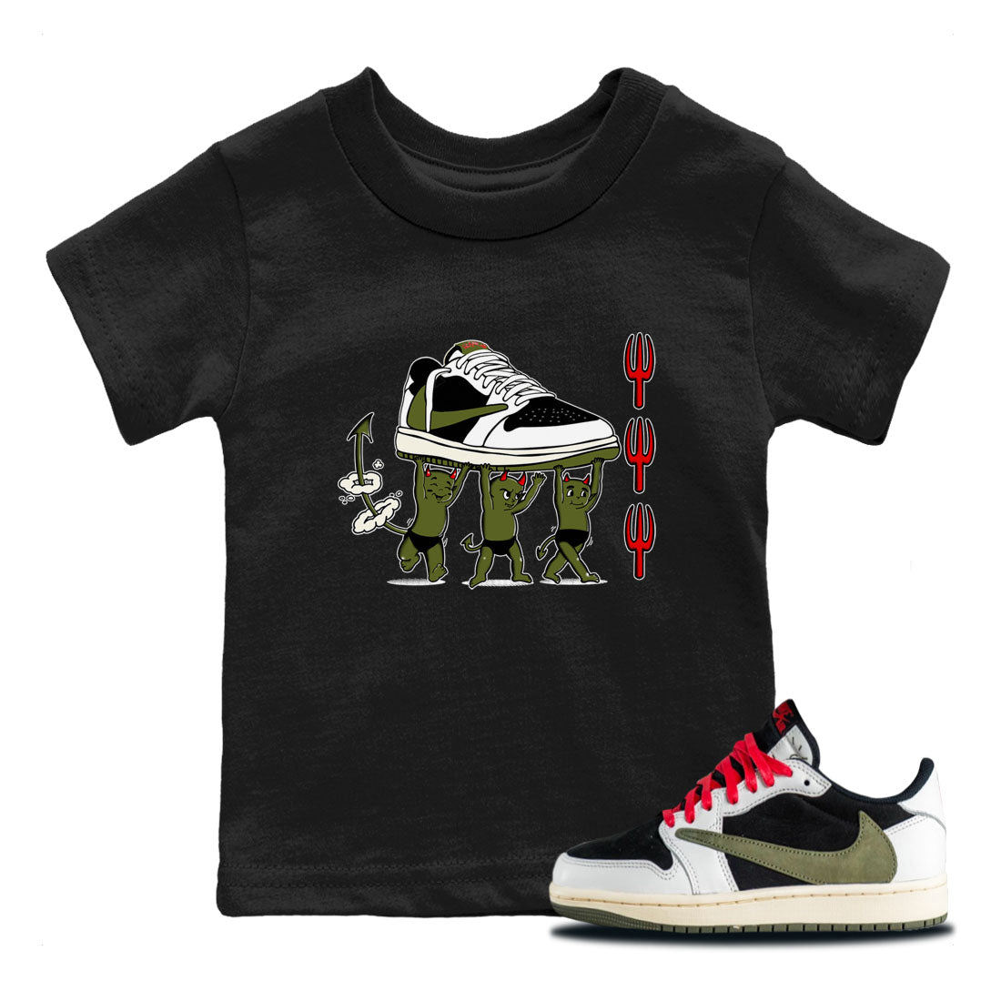 1s Travis Scott Olive shirts to match jordans Devil Babies sneaker match tees Air Jordan 1 Travis Scott Olive SNRT Sneaker Release Tees Youth Baby Black 1 crew neck shirts