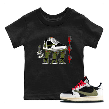 1s Travis Scott Olive shirts to match jordans Devil Babies sneaker match tees Air Jordan 1 Travis Scott Olive SNRT Sneaker Release Tees Youth Baby Black 1 crew neck shirts