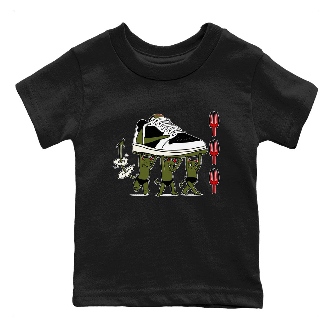 1s Travis Scott Olive shirts to match jordans Devil Babies sneaker match tees Air Jordan 1 Travis Scott Olive SNRT Sneaker Release Tees Youth Baby Black 2 crew neck shirts