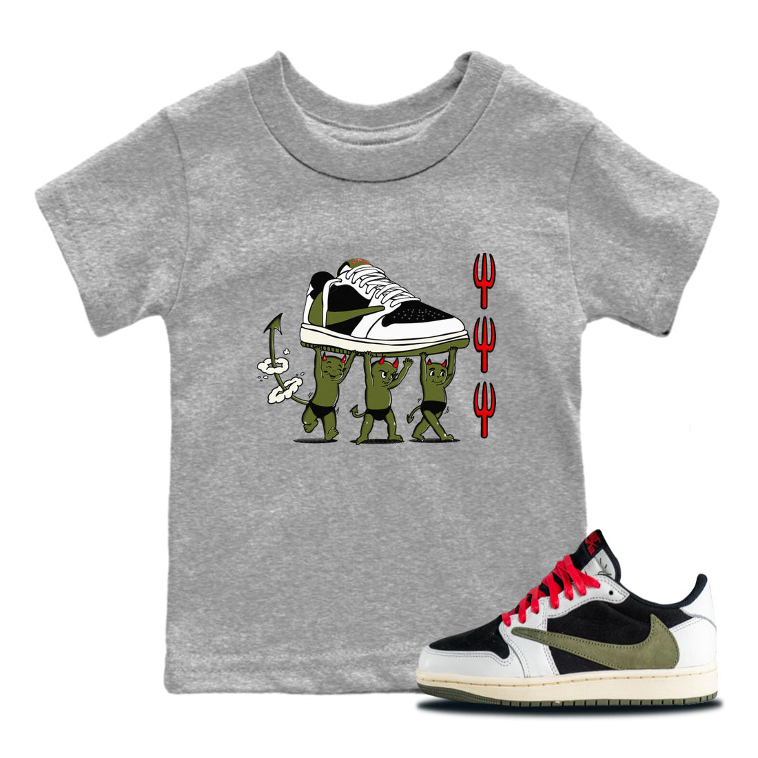 1s Travis Scott Olive shirts to match jordans Devil Babies sneaker match tees Air Jordan 1 Travis Scott Olive SNRT Sneaker Release Tees Youth Baby Heather Grey 1 crew neck shirts
