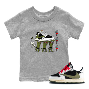 1s Travis Scott Olive shirts to match jordans Devil Babies sneaker match tees Air Jordan 1 Travis Scott Olive SNRT Sneaker Release Tees Youth Baby Heather Grey 1 crew neck shirts