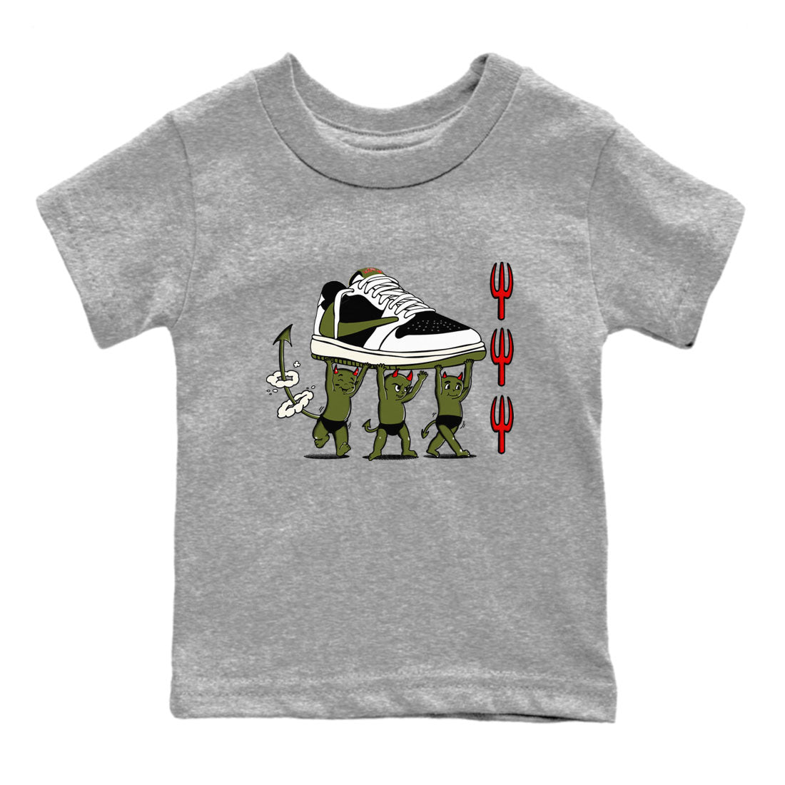 1s Travis Scott Olive shirts to match jordans Devil Babies sneaker match tees Air Jordan 1 Travis Scott Olive SNRT Sneaker Release Tees Youth Baby Heather Grey 2 crew neck shirts
