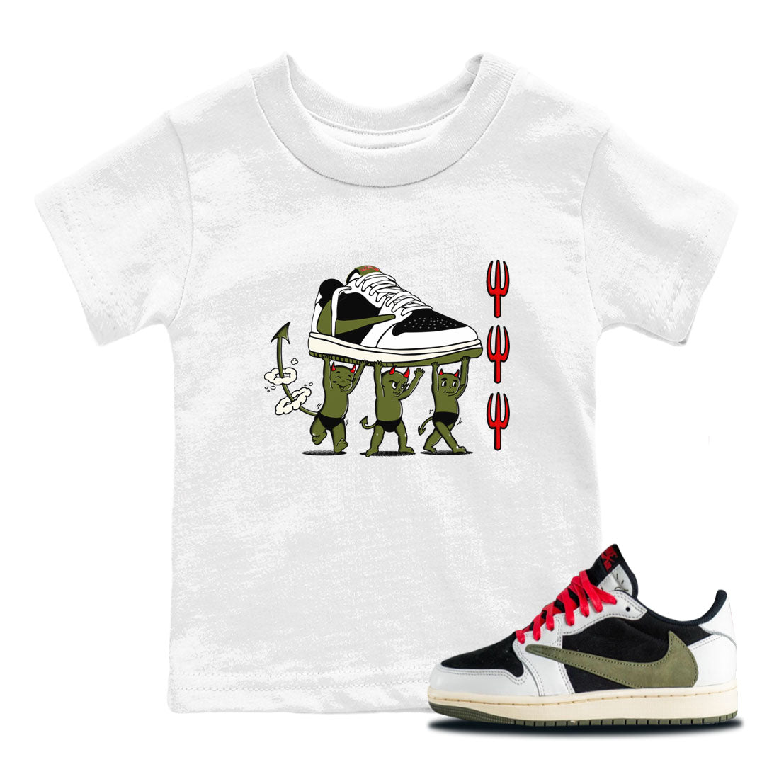 1s Travis Scott Olive shirts to match jordans Devil Babies sneaker match tees Air Jordan 1 Travis Scott Olive SNRT Sneaker Release Tees Youth Baby White 1 crew neck shirts