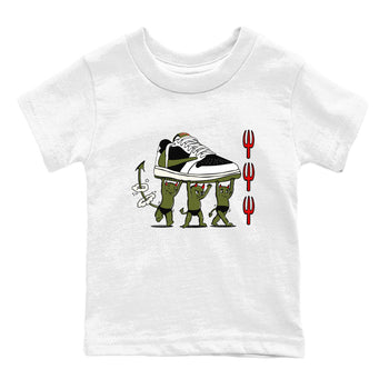 1s Travis Scott Olive shirts to match jordans Devil Babies sneaker match tees Air Jordan 1 Travis Scott Olive SNRT Sneaker Release Tees Youth Baby White 2 crew neck shirts