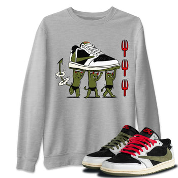 1s Travis Scott Olive shirts to match jordans Devil Babies sneaker match tees Air Jordan 1 Travis Scott Olive SNRT Sneaker Release Tees unisex cotton Heather Grey 1 crew neck shirts
