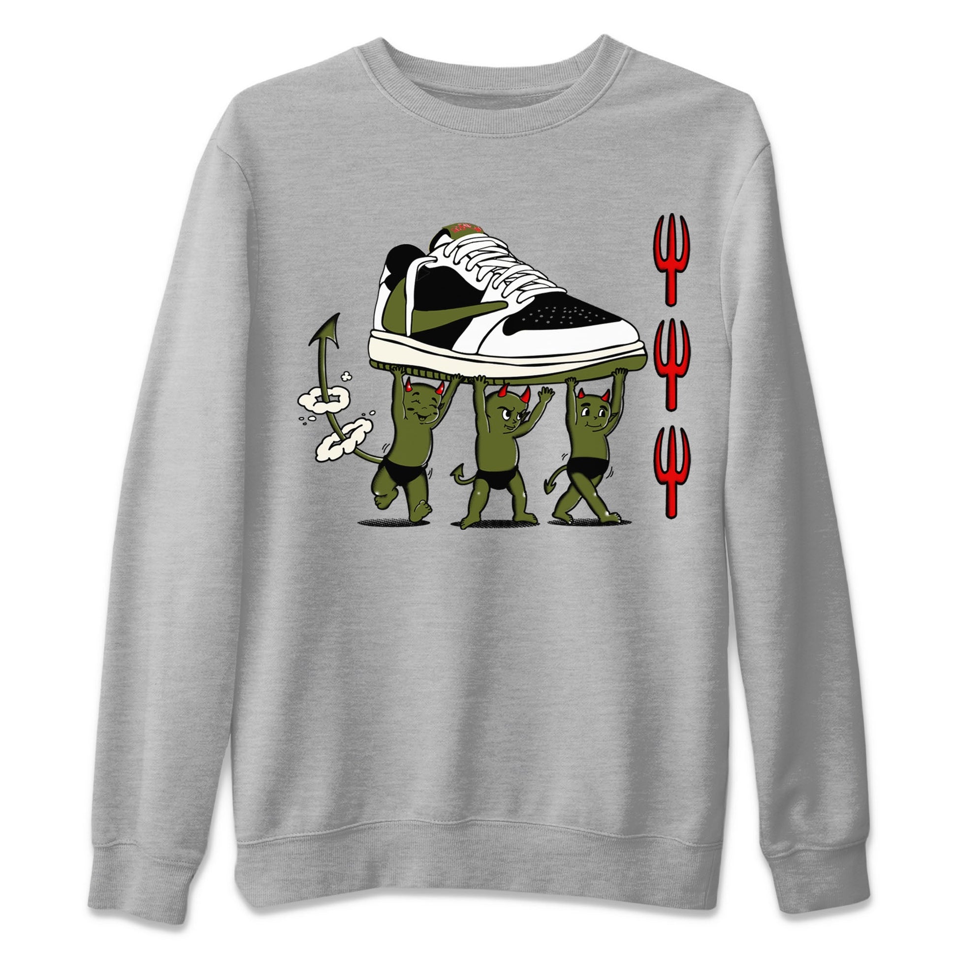 1s Travis Scott Olive shirts to match jordans Devil Babies sneaker match tees Air Jordan 1 Travis Scott Olive SNRT Sneaker Release Tees unisex cotton Heather Grey 2 crew neck shirts