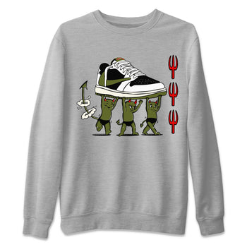 1s Travis Scott Olive shirts to match jordans Devil Babies sneaker match tees Air Jordan 1 Travis Scott Olive SNRT Sneaker Release Tees unisex cotton Heather Grey 2 crew neck shirts