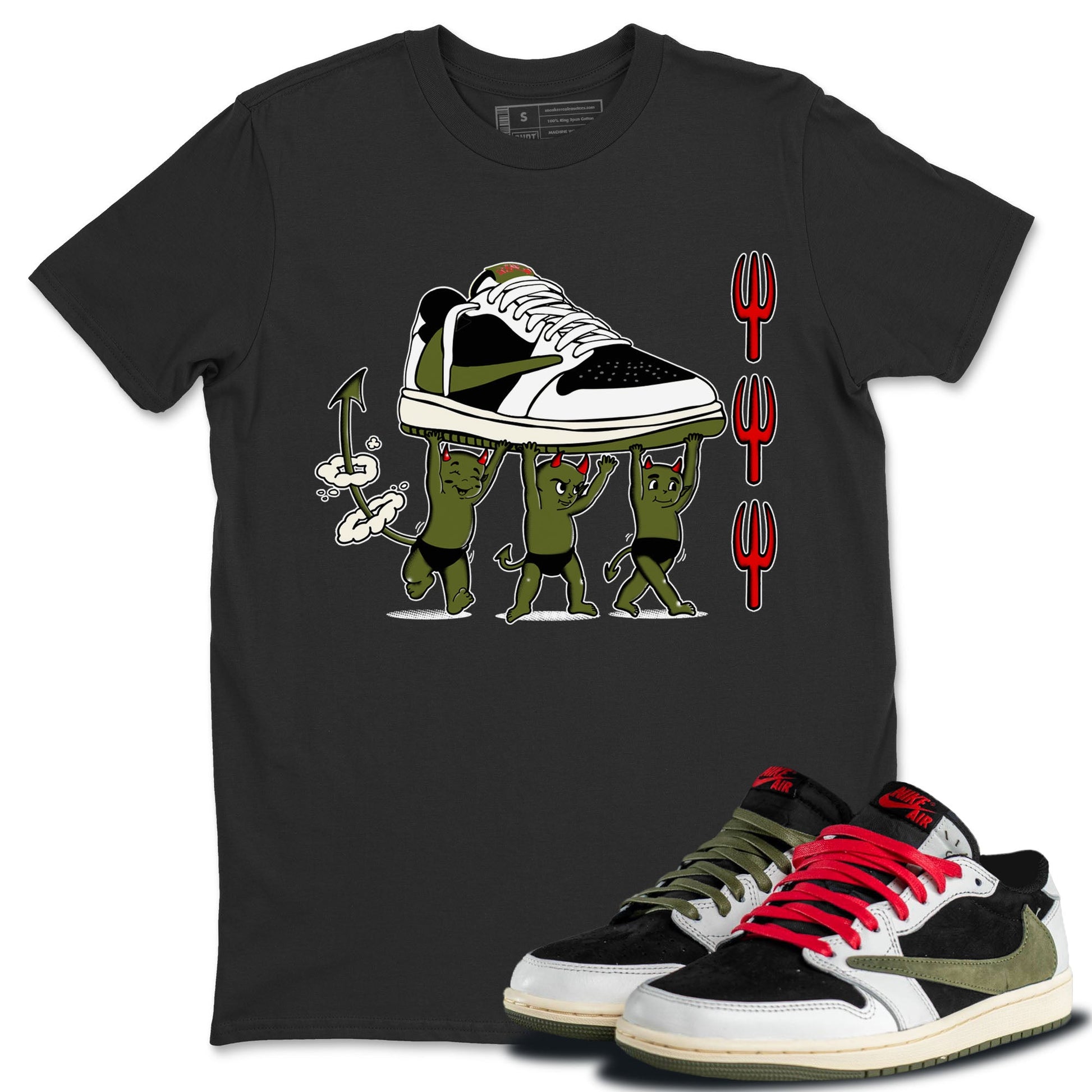 1s Travis Scott Olive shirts to match jordans Devil Babies sneaker match tees Air Jordan 1 Travis Scott Olive SNRT Sneaker Release Tees unisex cotton Black 1 crew neck shirts