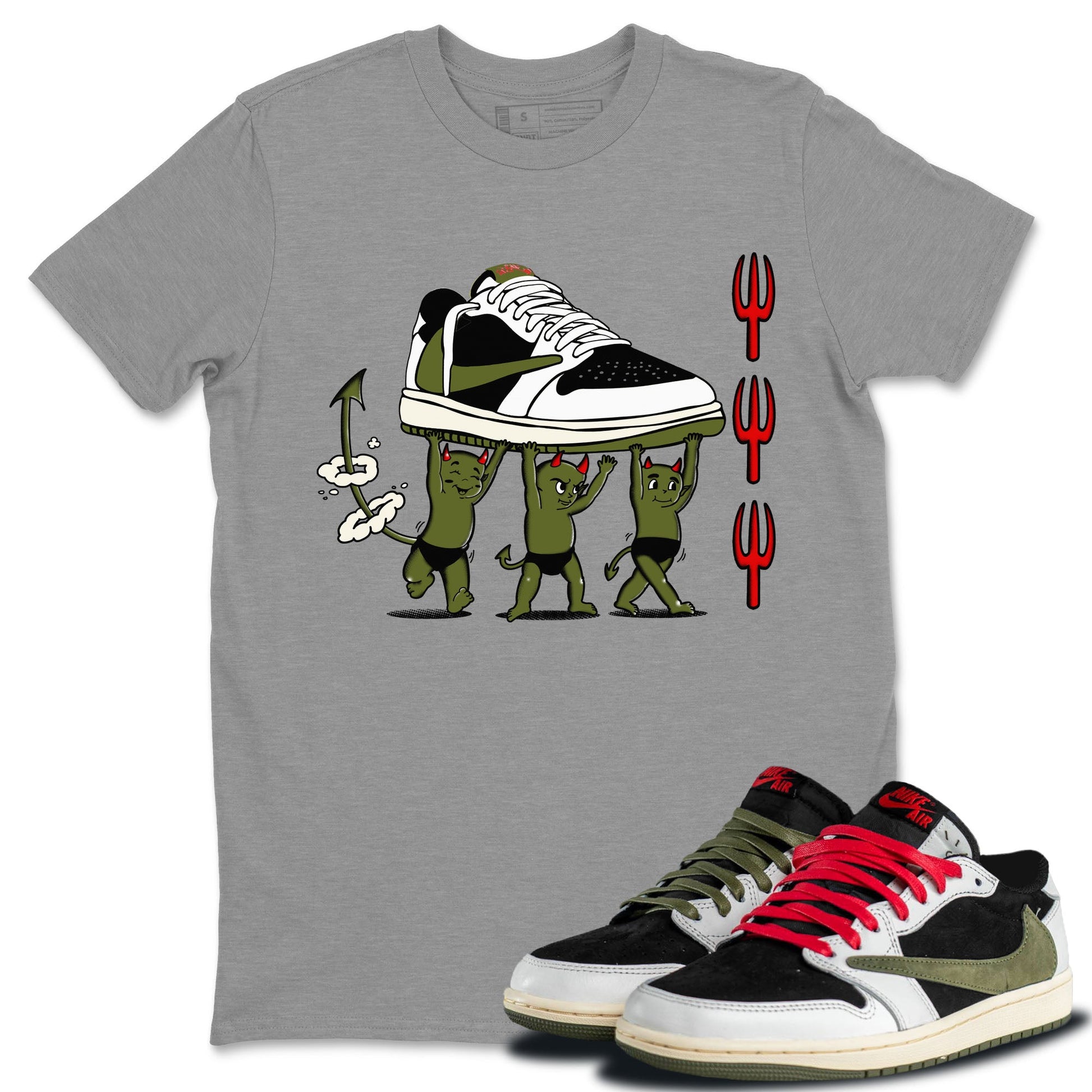 1s Travis Scott Olive shirts to match jordans Devil Babies sneaker match tees Air Jordan 1 Travis Scott Olive SNRT Sneaker Release Tees unisex cotton Heather Grey 1 crew neck shirts