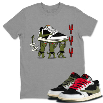 1s Travis Scott Olive shirts to match jordans Devil Babies sneaker match tees Air Jordan 1 Travis Scott Olive SNRT Sneaker Release Tees unisex cotton Heather Grey 1 crew neck shirts