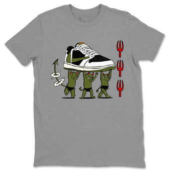 1s Travis Scott Olive shirts to match jordans Devil Babies sneaker match tees Air Jordan 1 Travis Scott Olive SNRT Sneaker Release Tees unisex cotton Heather Grey 2 crew neck shirts