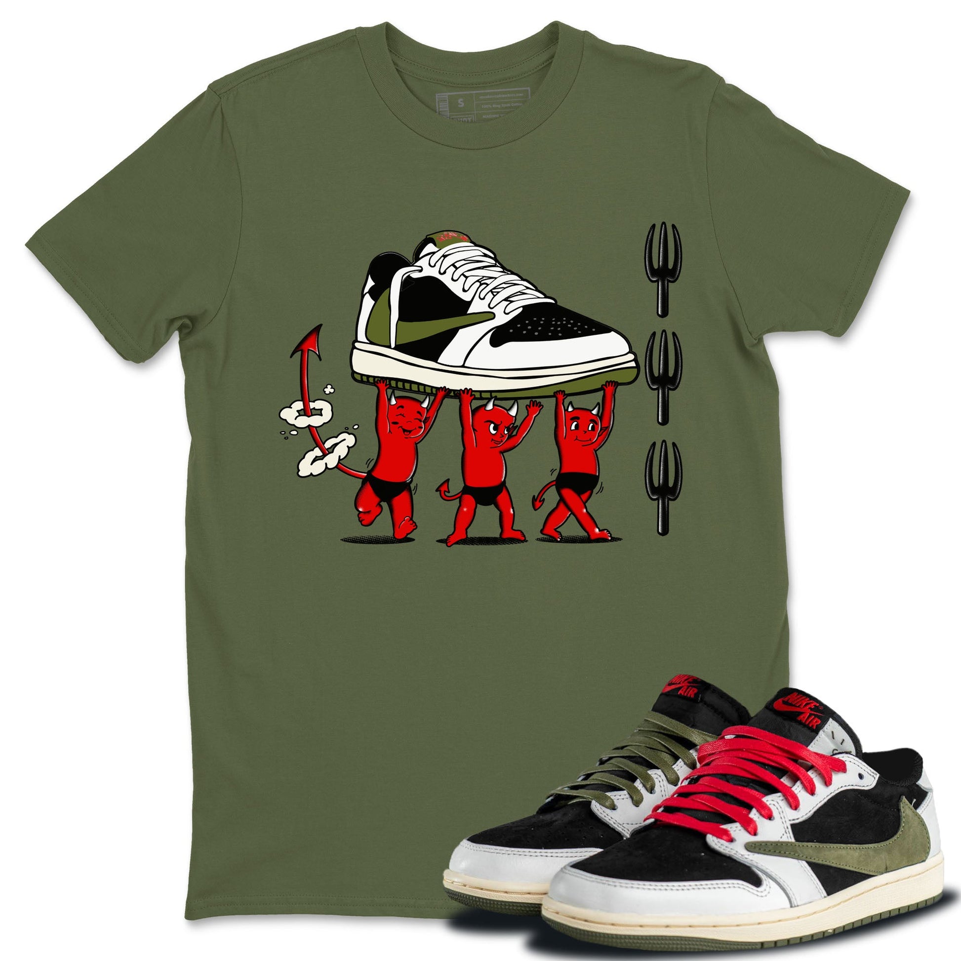 1s Travis Scott Olive shirts to match jordans Devil Babies sneaker match tees Air Jordan 1 Travis Scott Olive SNRT Sneaker Release Tees unisex cotton Military Green 1 crew neck shirts