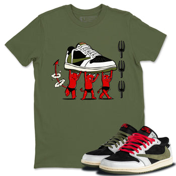 1s Travis Scott Olive shirts to match jordans Devil Babies sneaker match tees Air Jordan 1 Travis Scott Olive SNRT Sneaker Release Tees unisex cotton Military Green 1 crew neck shirts