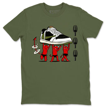 1s Travis Scott Olive shirts to match jordans Devil Babies sneaker match tees Air Jordan 1 Travis Scott Olive SNRT Sneaker Release Tees unisex cotton Military Green 2 crew neck shirts