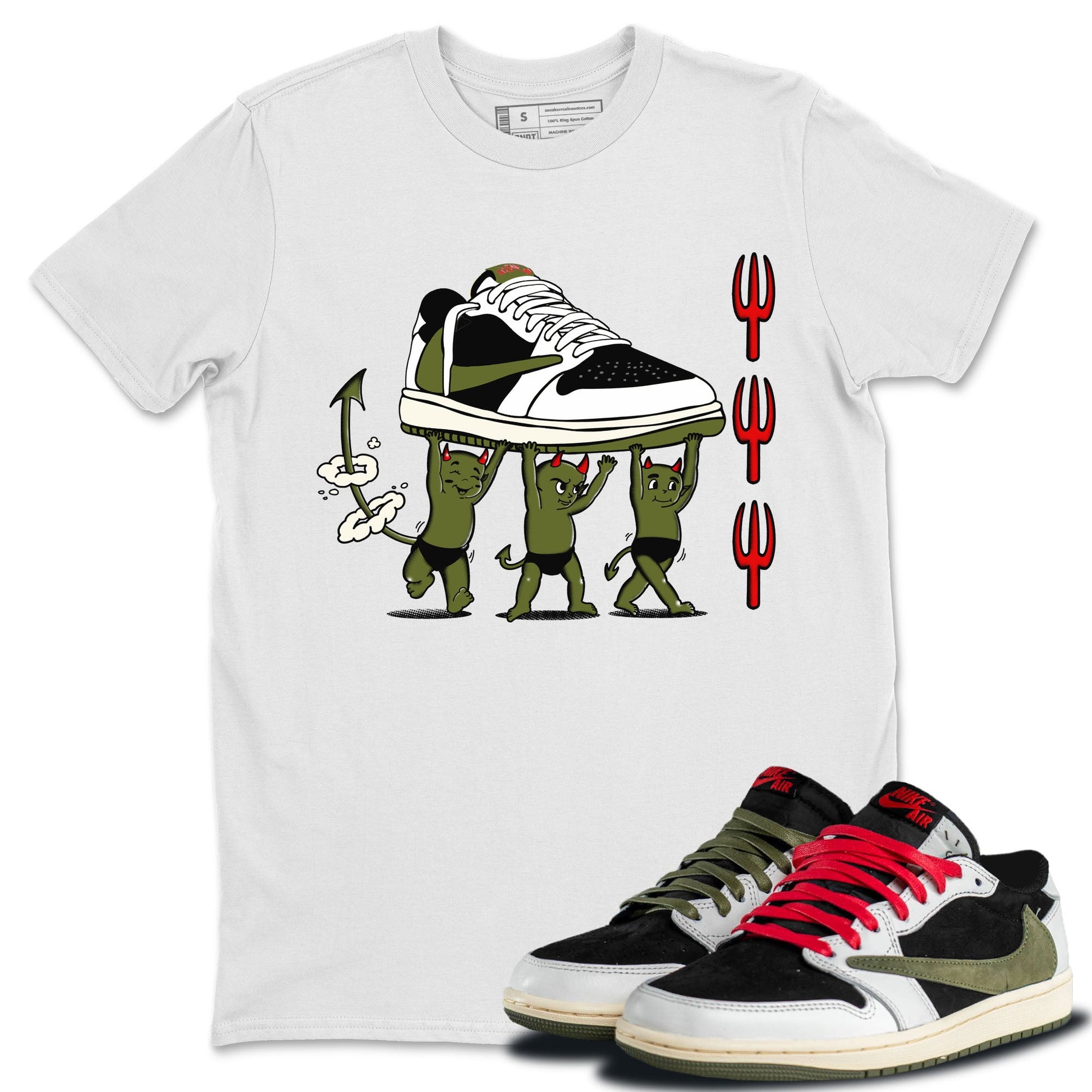 1s Travis Scott Olive shirts to match jordans Devil Babies sneaker match tees Air Jordan 1 Travis Scott Olive SNRT Sneaker Release Tees unisex cotton White 1 crew neck shirts