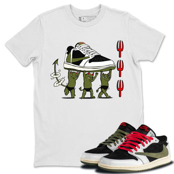 1s Travis Scott Olive shirts to match jordans Devil Babies sneaker match tees Air Jordan 1 Travis Scott Olive SNRT Sneaker Release Tees unisex cotton White 1 crew neck shirts